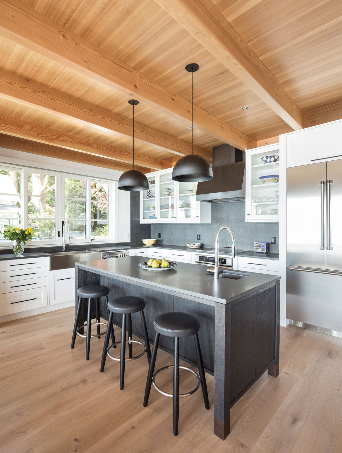 Wooden ceiling with timber beams in a modern kitchen