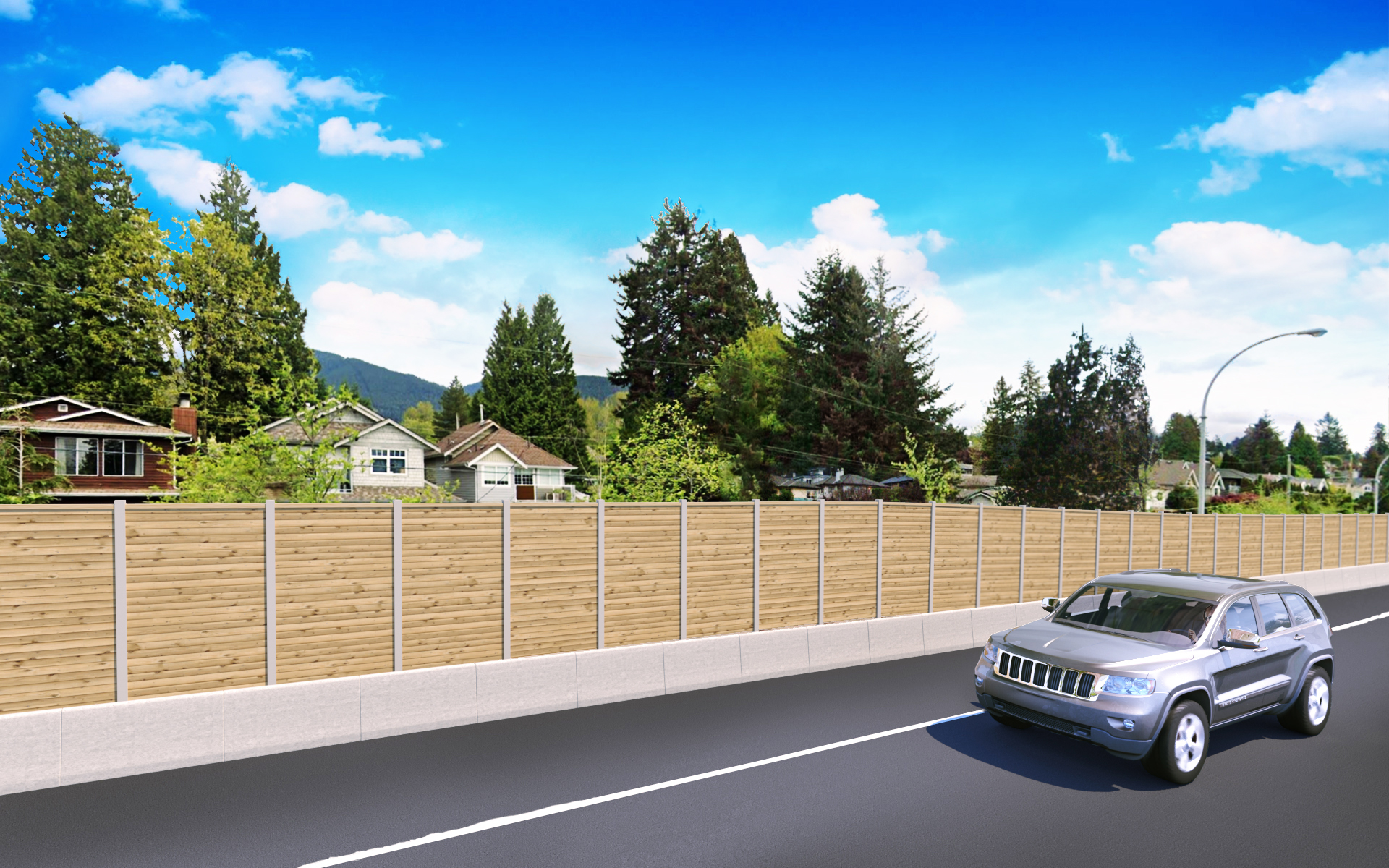 3d rendering of a car driving on the highway with soundshield fencing separating the road from the neighbourhood