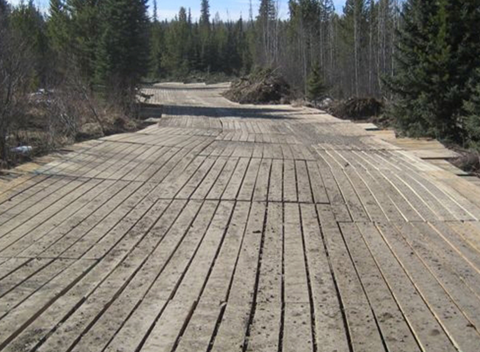 Pacific HemFir Access Mats in a forest for vehicles to drive on